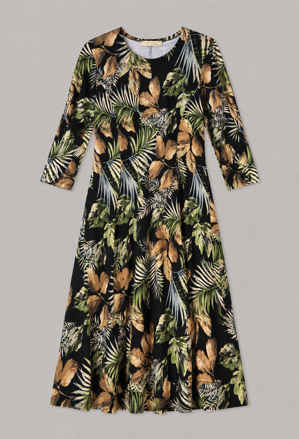 Pine Leaf Leah Three- Quarter Sleeve Fit and Flare Midi Dress