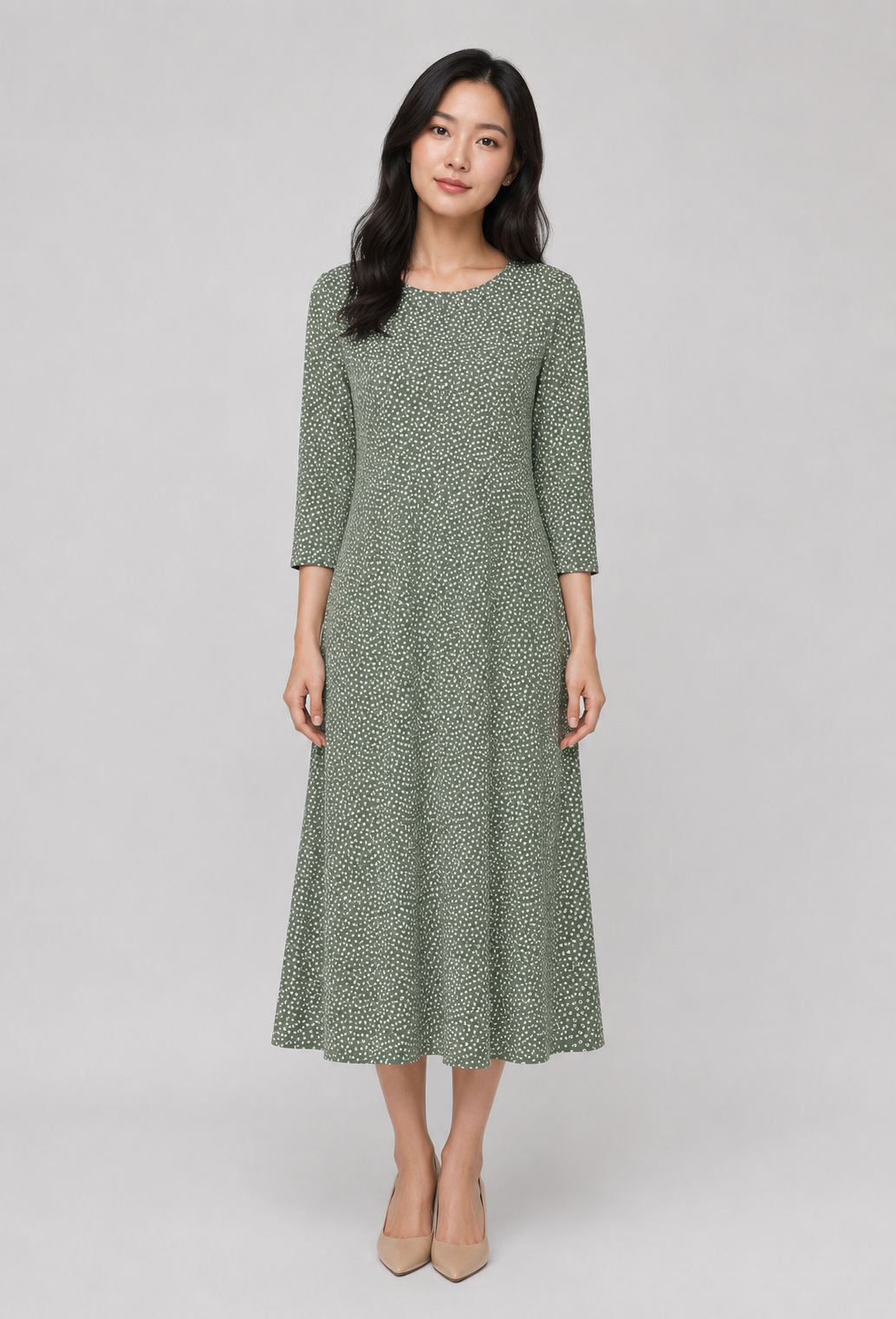 Pine Sally Three- Quarter Sleeve Fit and Flare Midi Dress