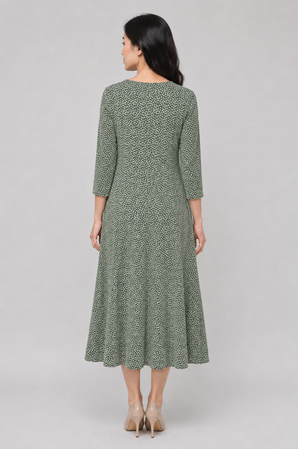 Pine Sally Three- Quarter Sleeve Fit and Flare Midi Dress