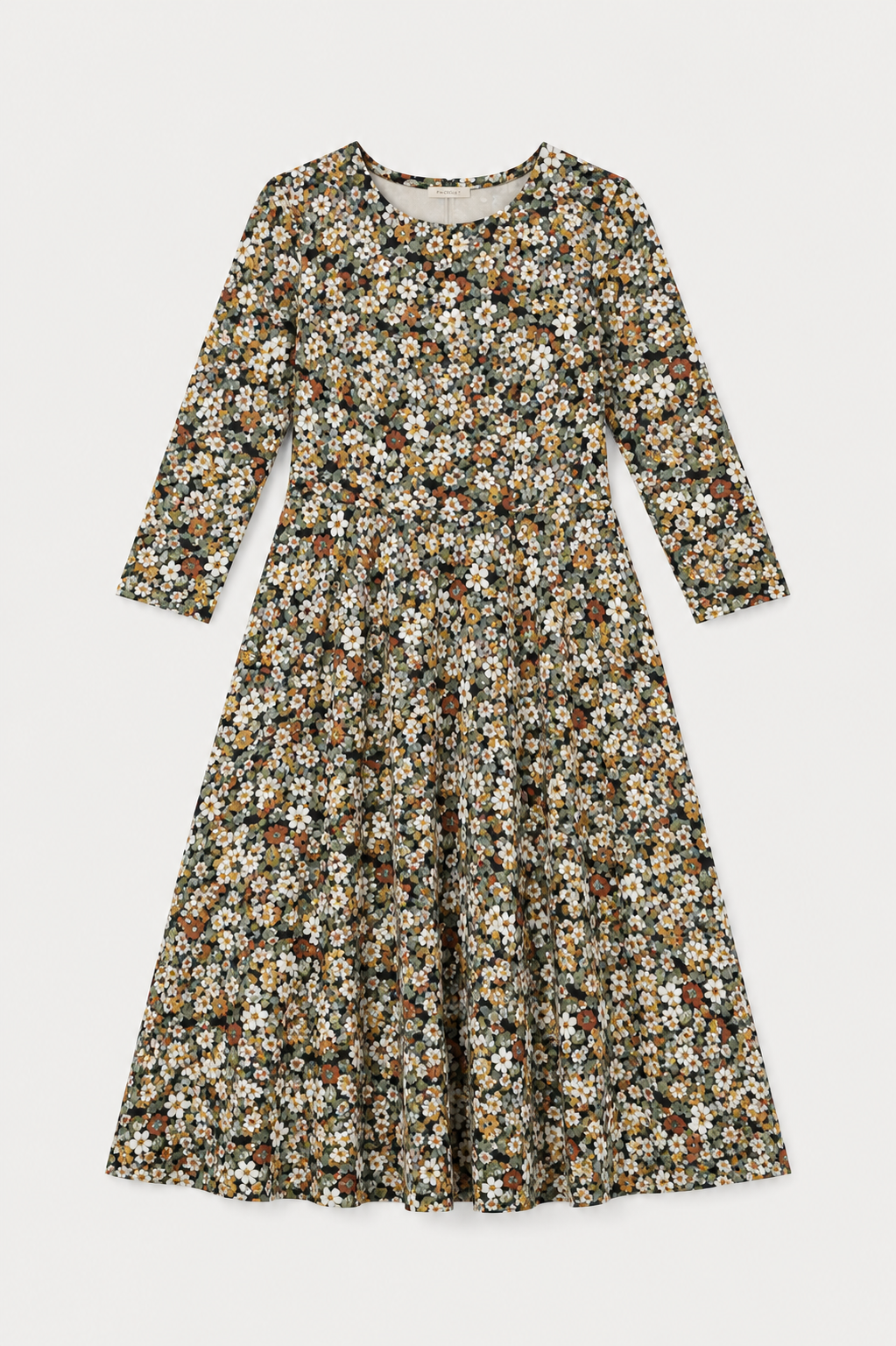 Pine Floral Honey Three- Quarter Sleeve Fit and Flare Midi Dress
