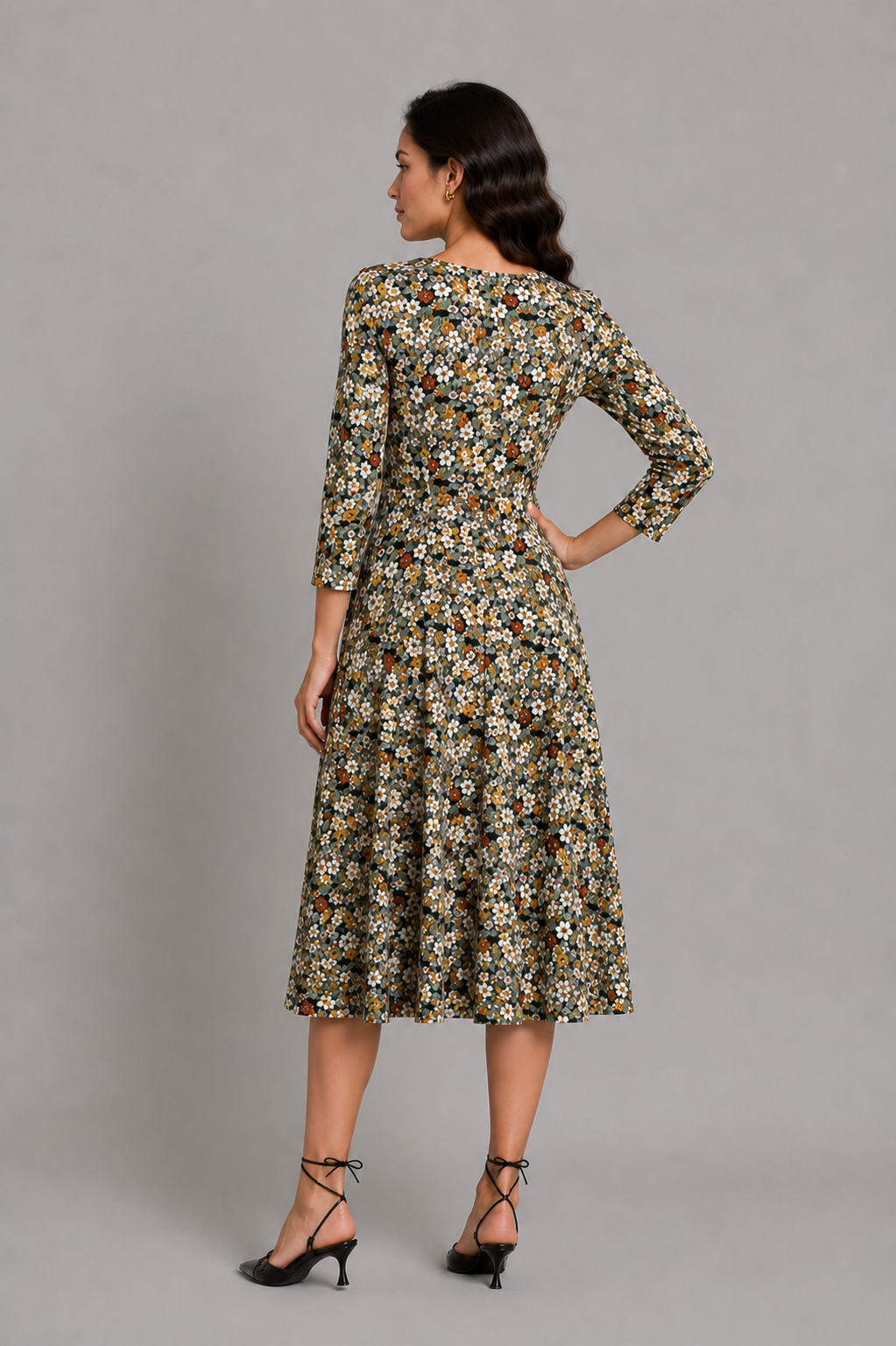 Pine Floral Honey Three- Quarter Sleeve Fit and Flare Midi Dress