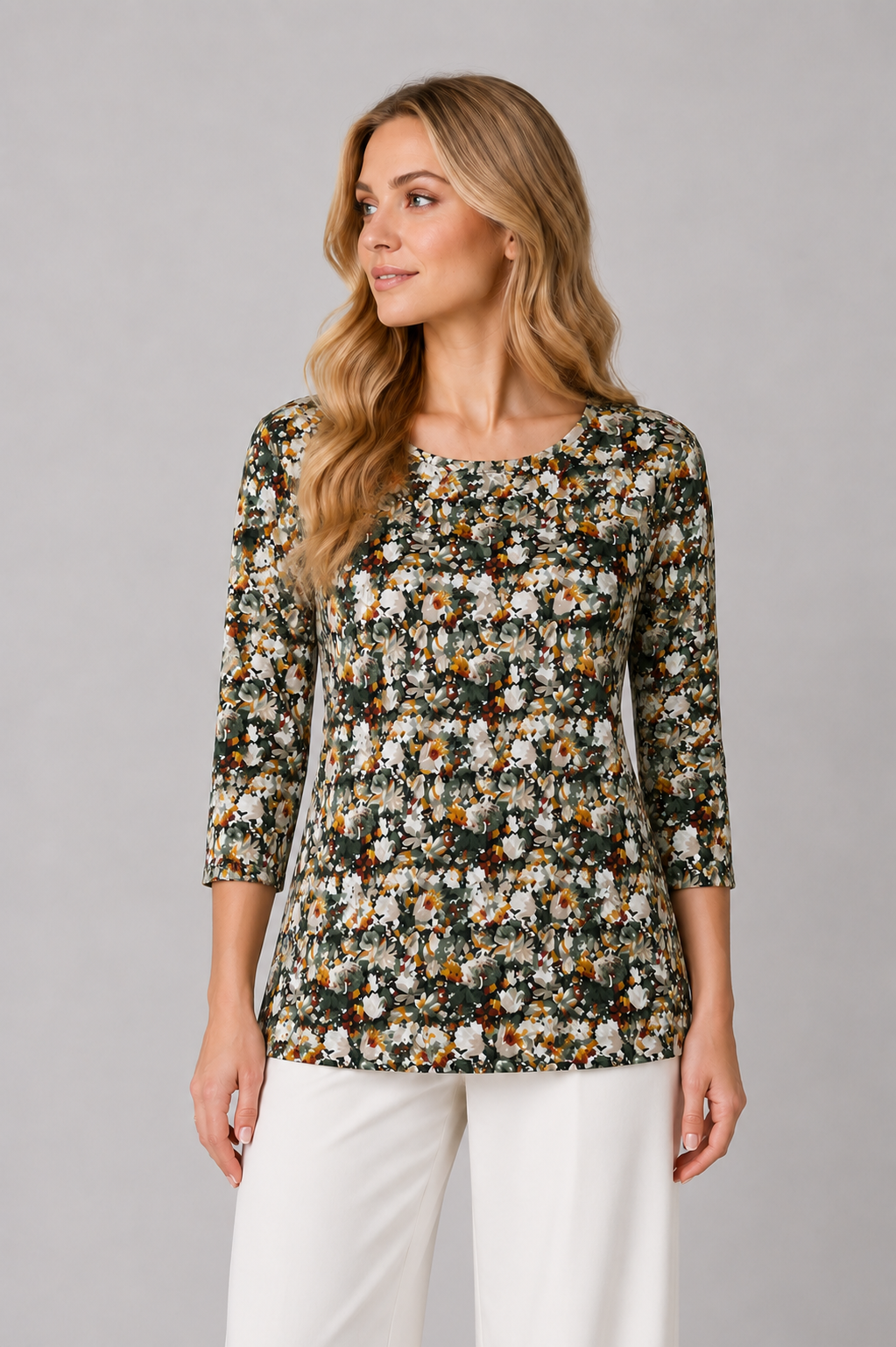 Pine Floral Honey Three- Quarter Sleeve Top