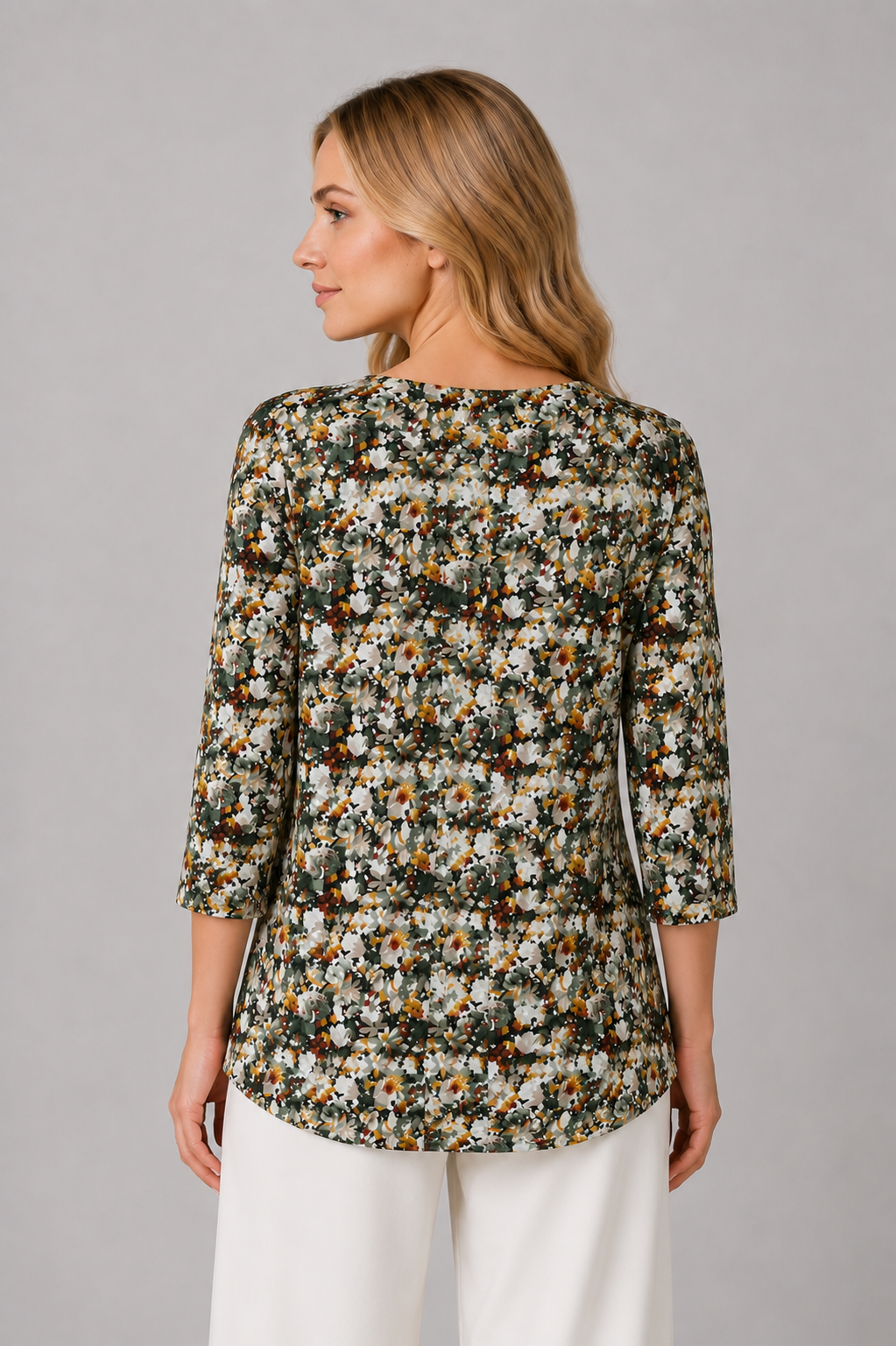 Pine Floral Honey Three- Quarter Sleeve Top