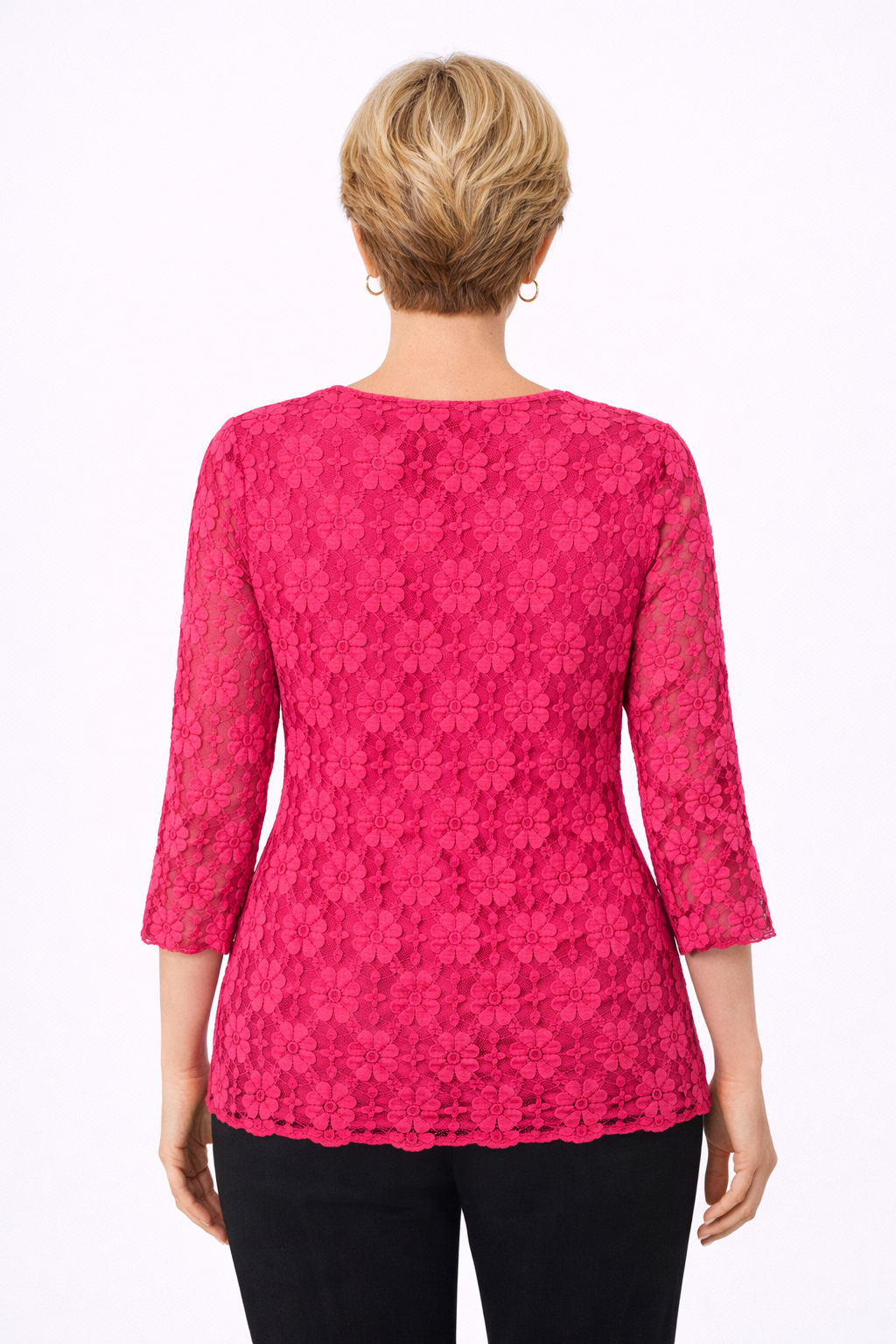 Raspberry Clare Three-Quarter Sleeve Lace Top