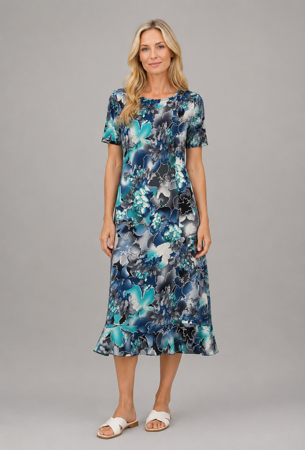 Cloud Mist Leona Short Sleeves Fluted Dress