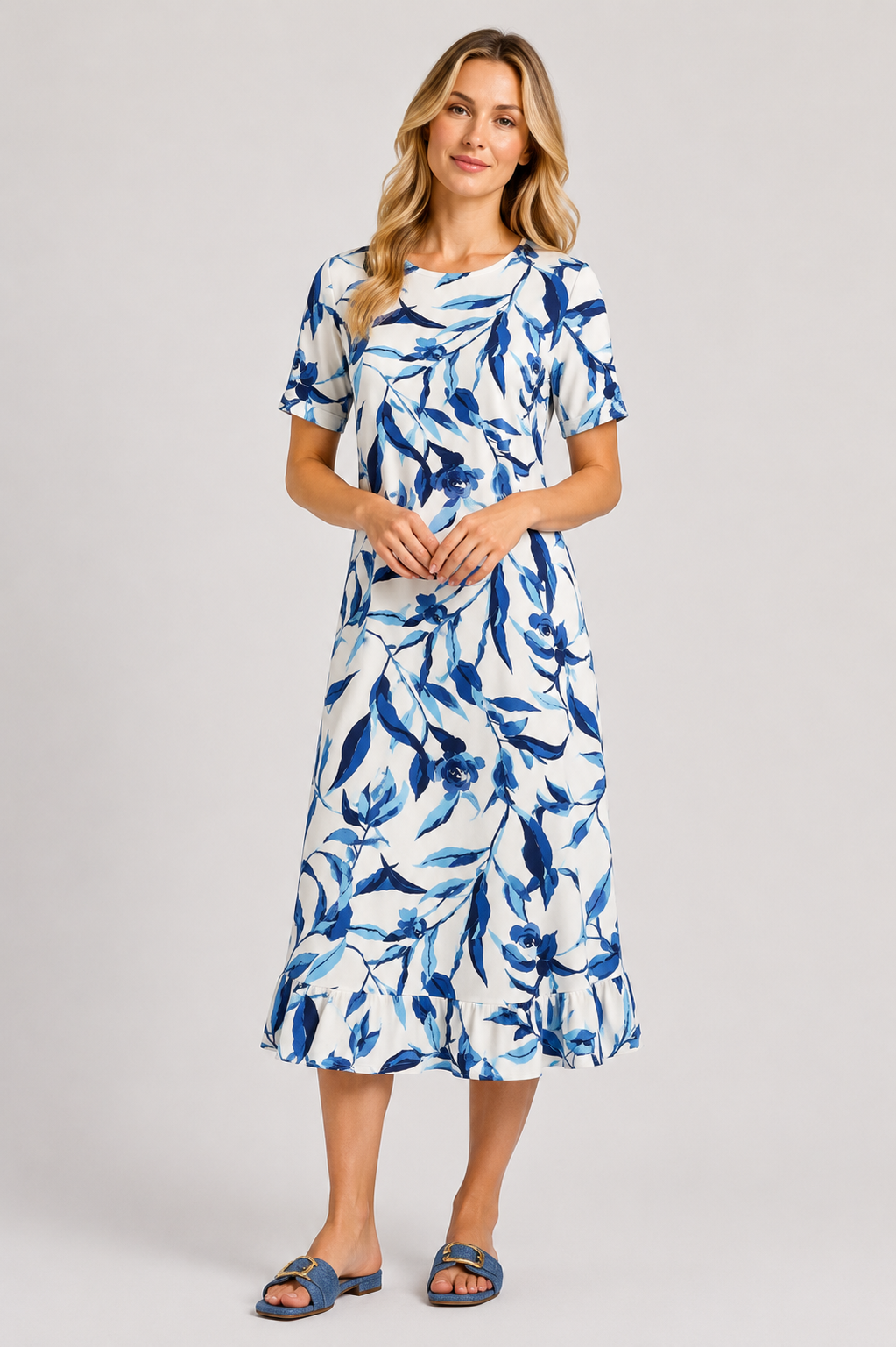 Cool Blue Sophia Short Sleeves Fluted Dress