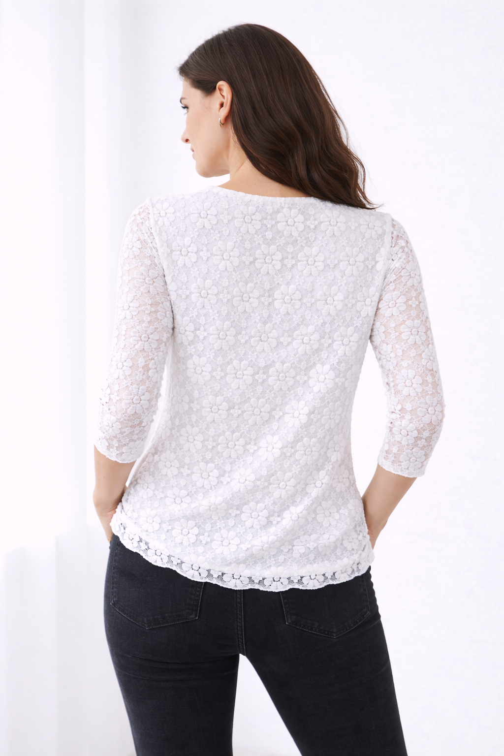 White Clare Three-Quarter Sleeve Lace Top