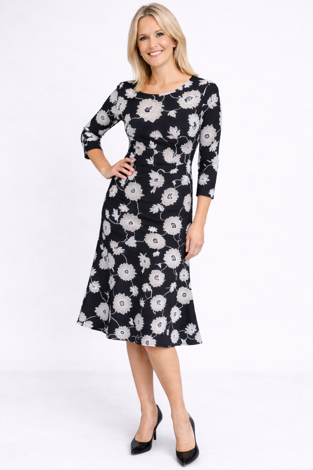 Black Floral Bette Fluted Dress