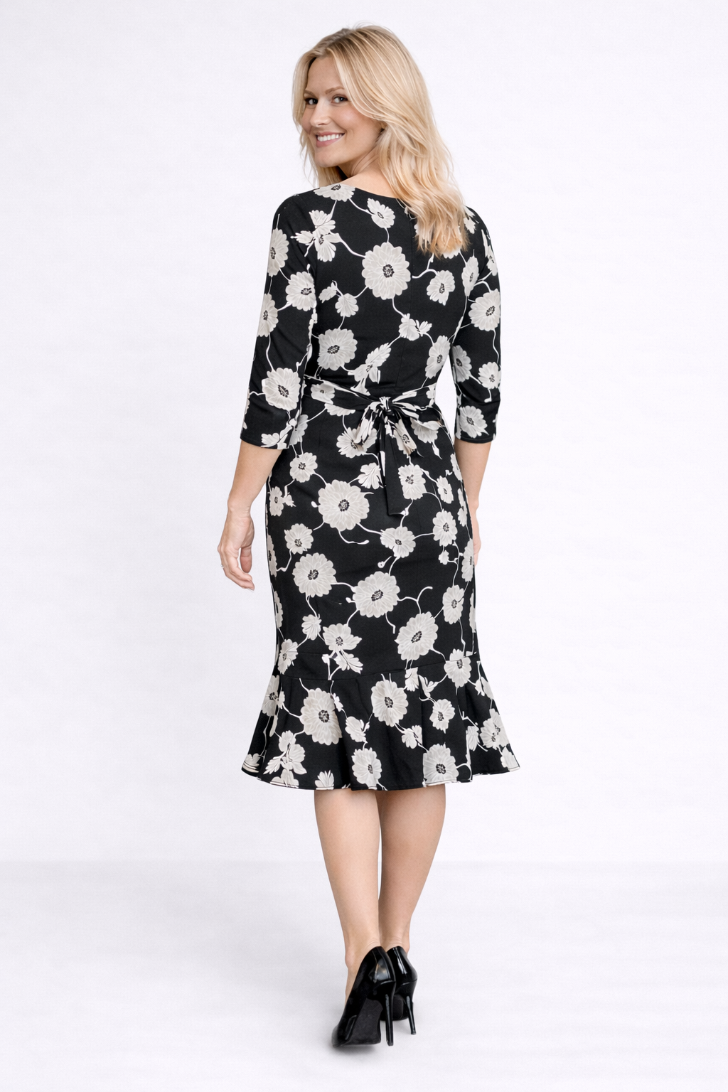 Black Floral Bette Fluted Dress