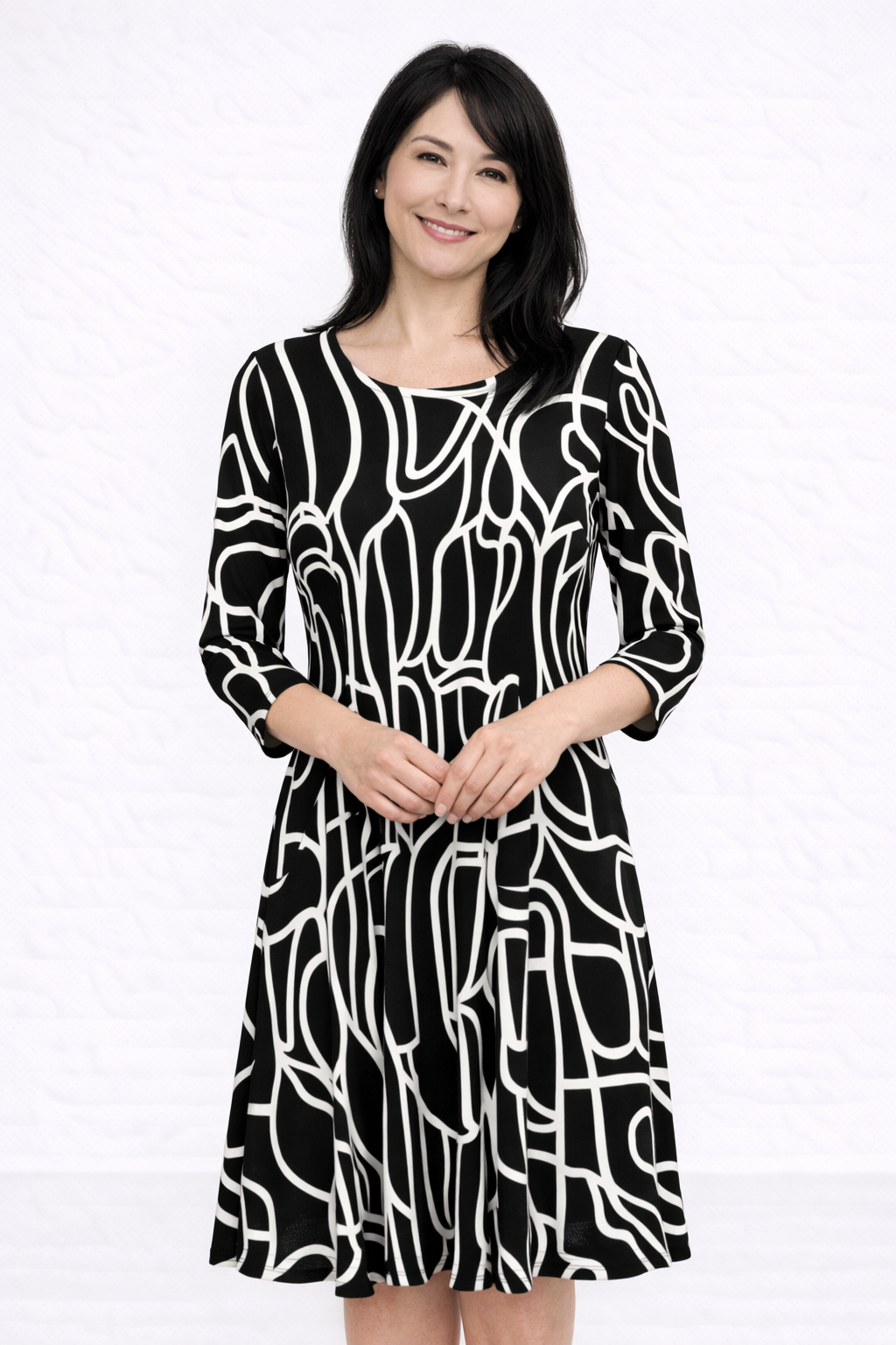 Black and Cream Print Gloria Fit and Flare Dress