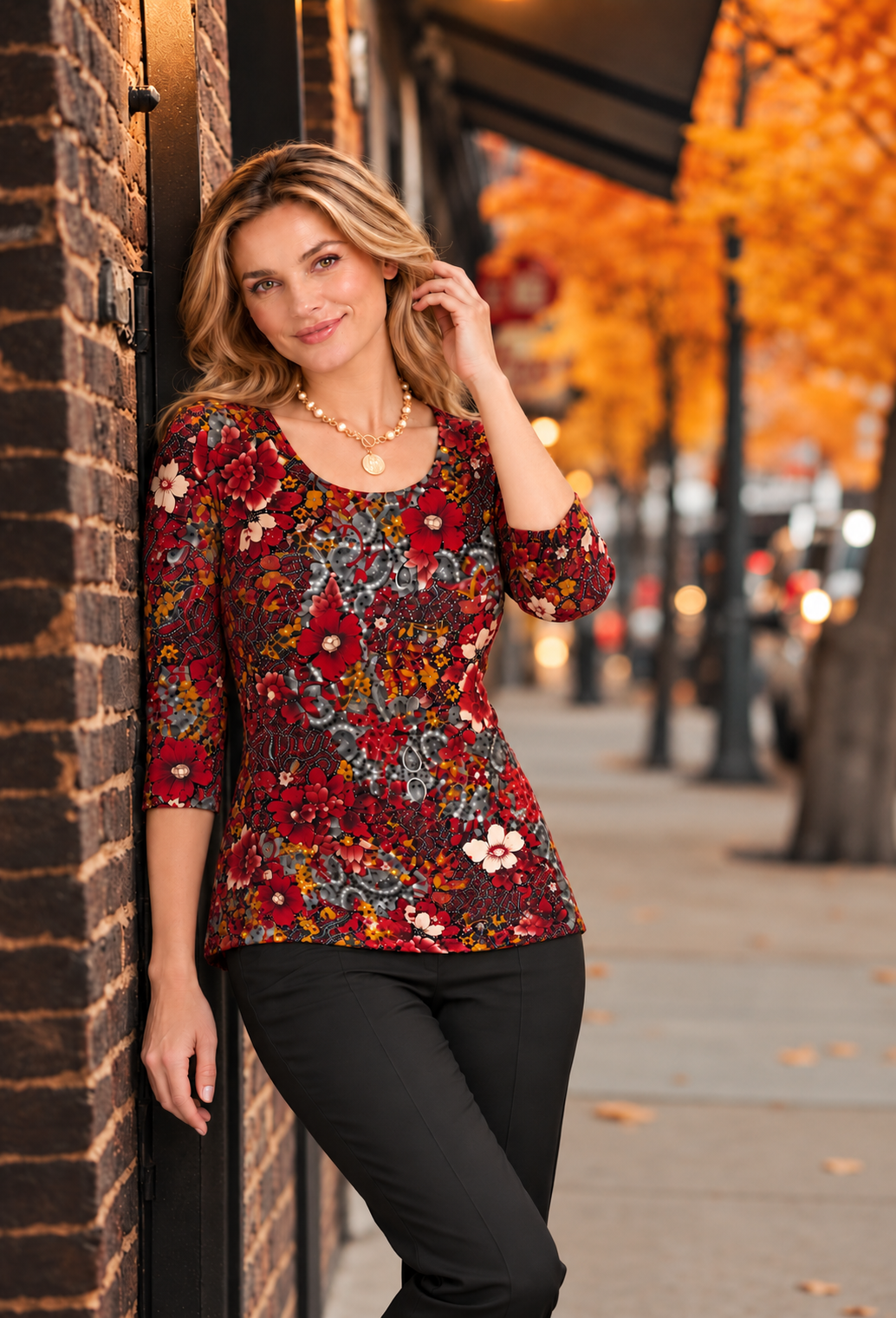 Red Floral Darcy Three- Quarter Sleeve Top