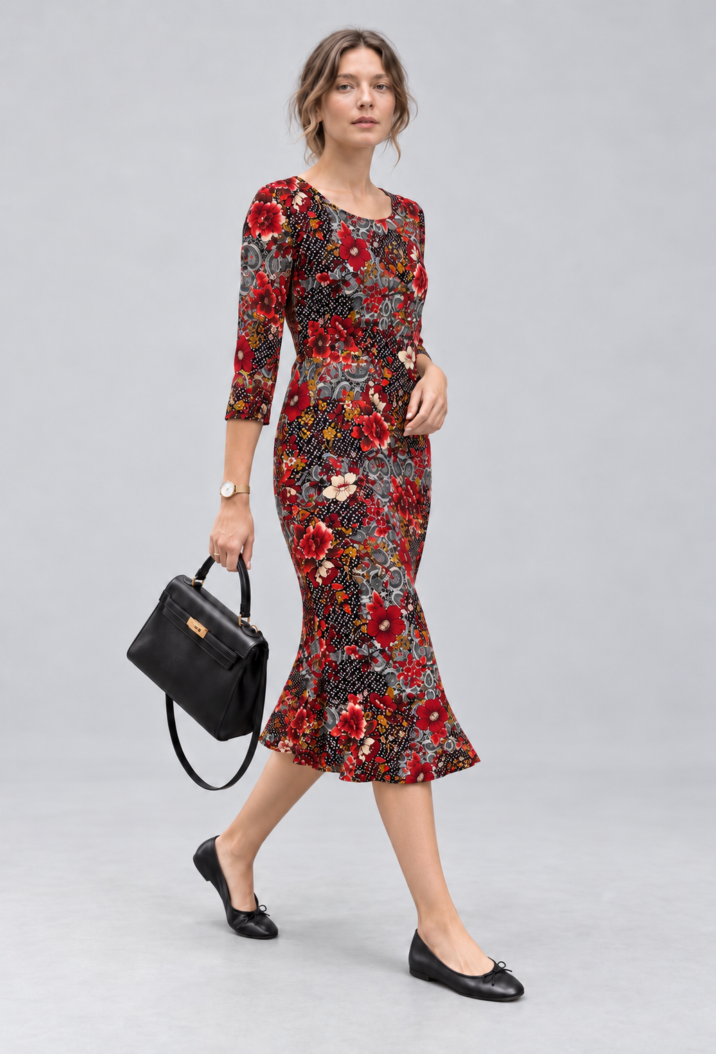Red Floral Darcy Fluted Dress