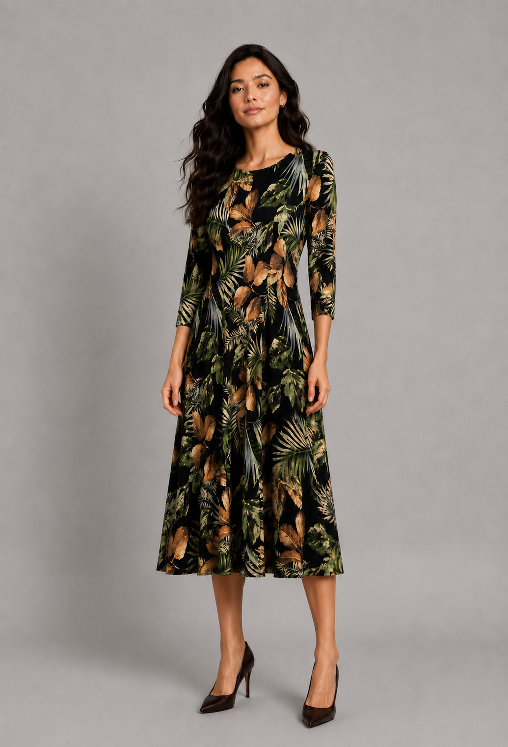 Pine Leaf Leah Three- Quarter Sleeve Fit and Flare Midi Dress