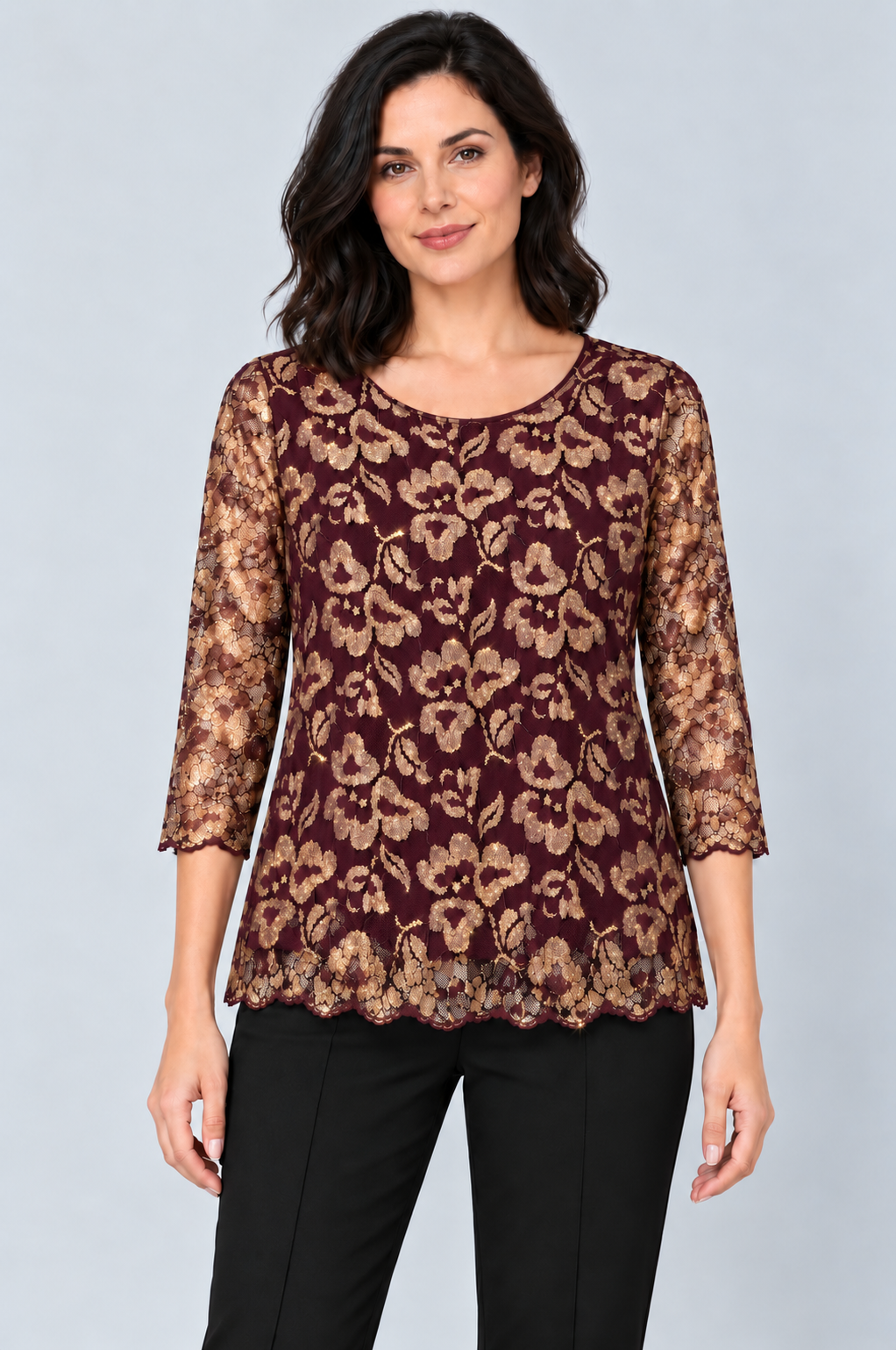 Plum Ruby Mesh Three- Quarter Top