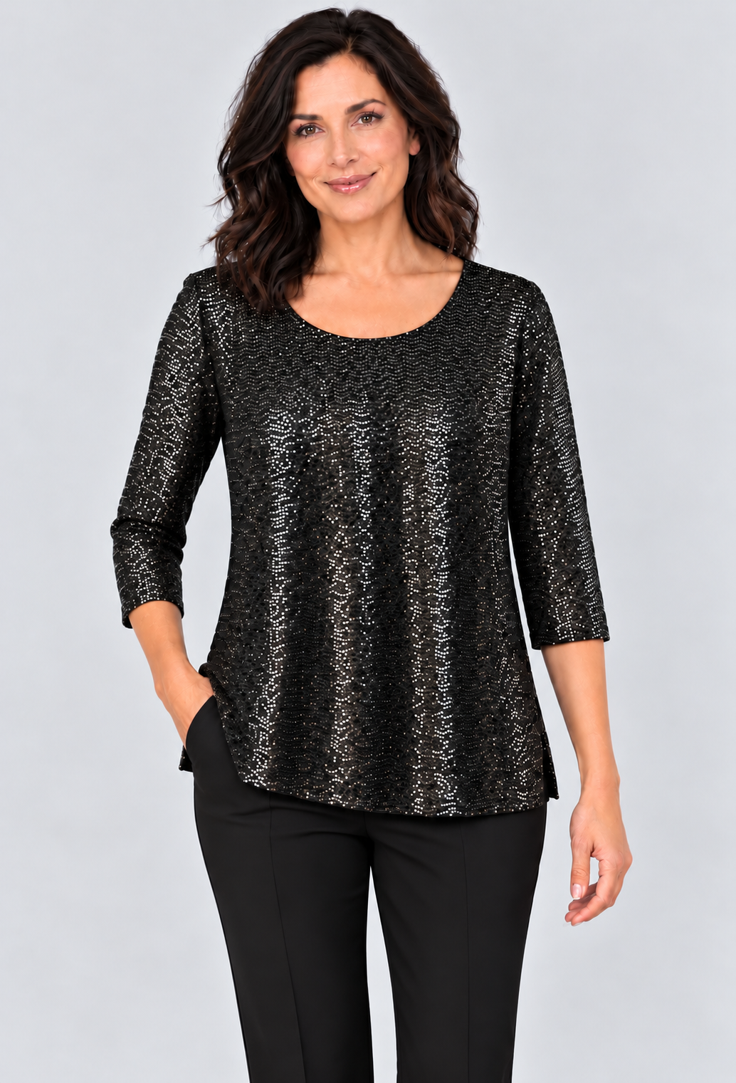 Black Laura Sequin Three- Quarter Sleeve Top