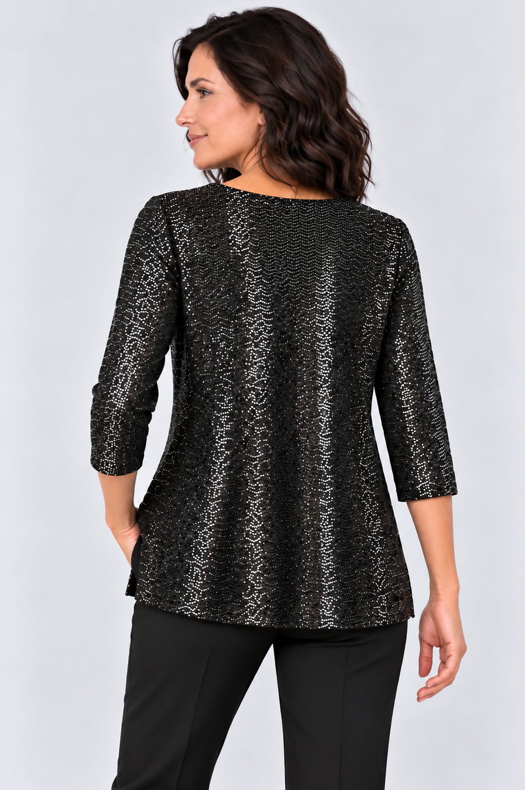 Black Laura Sequin Three- Quarter Sleeve Top