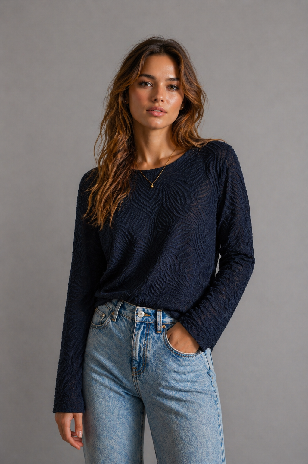 Navy Alana Long Sleeve Top