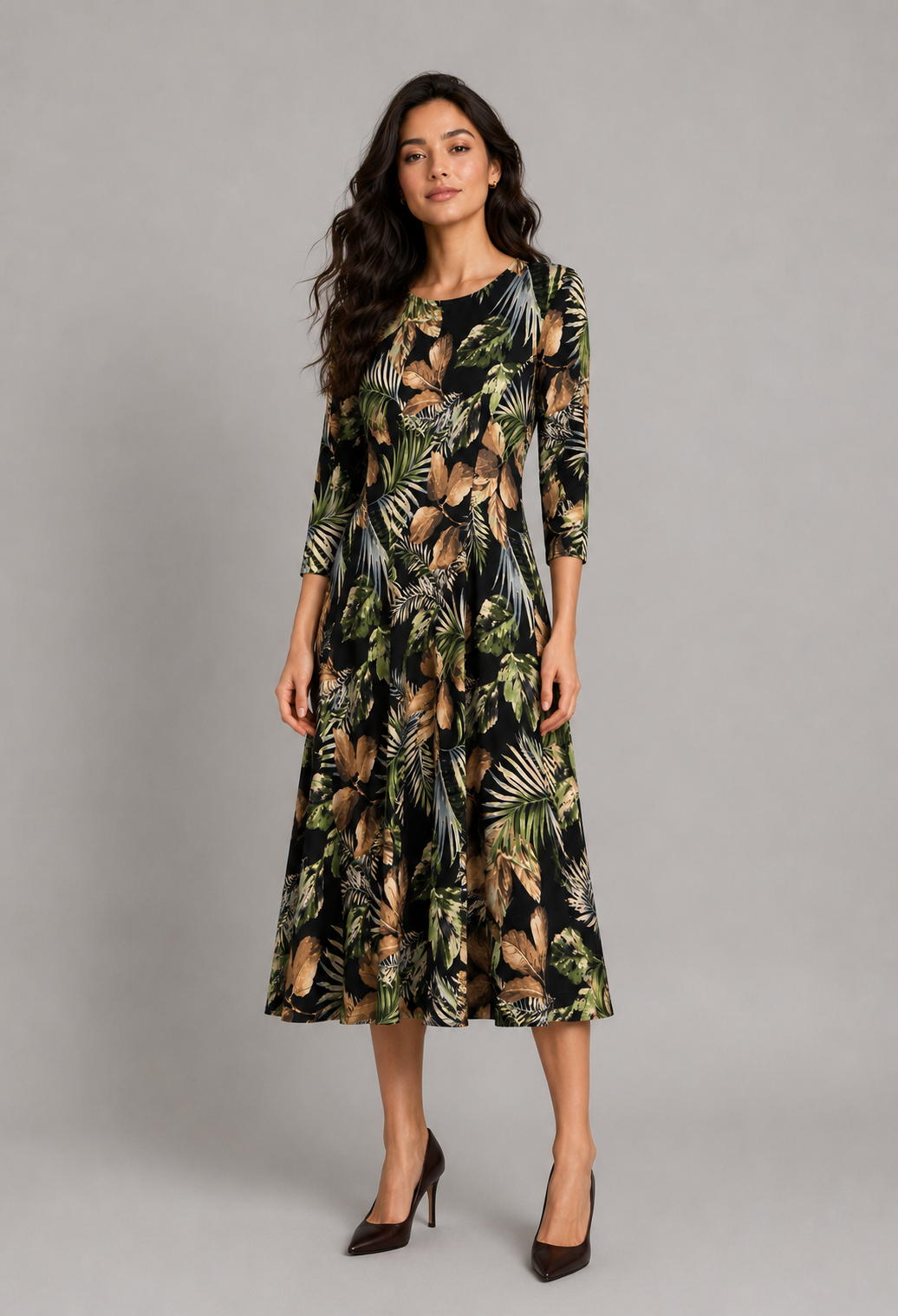 Pine Leaf Leah Three- Quarter Sleeve Fit and Flare Midi Dress