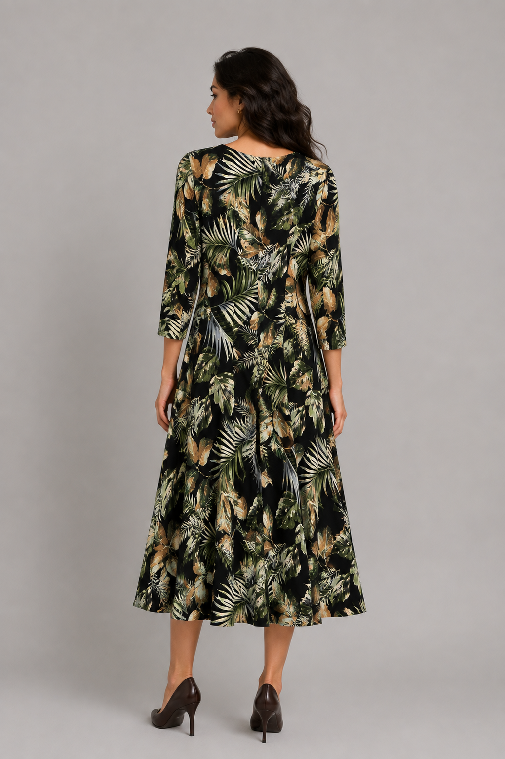 Pine Leaf Leah Three- Quarter Sleeve Fit and Flare Midi Dress