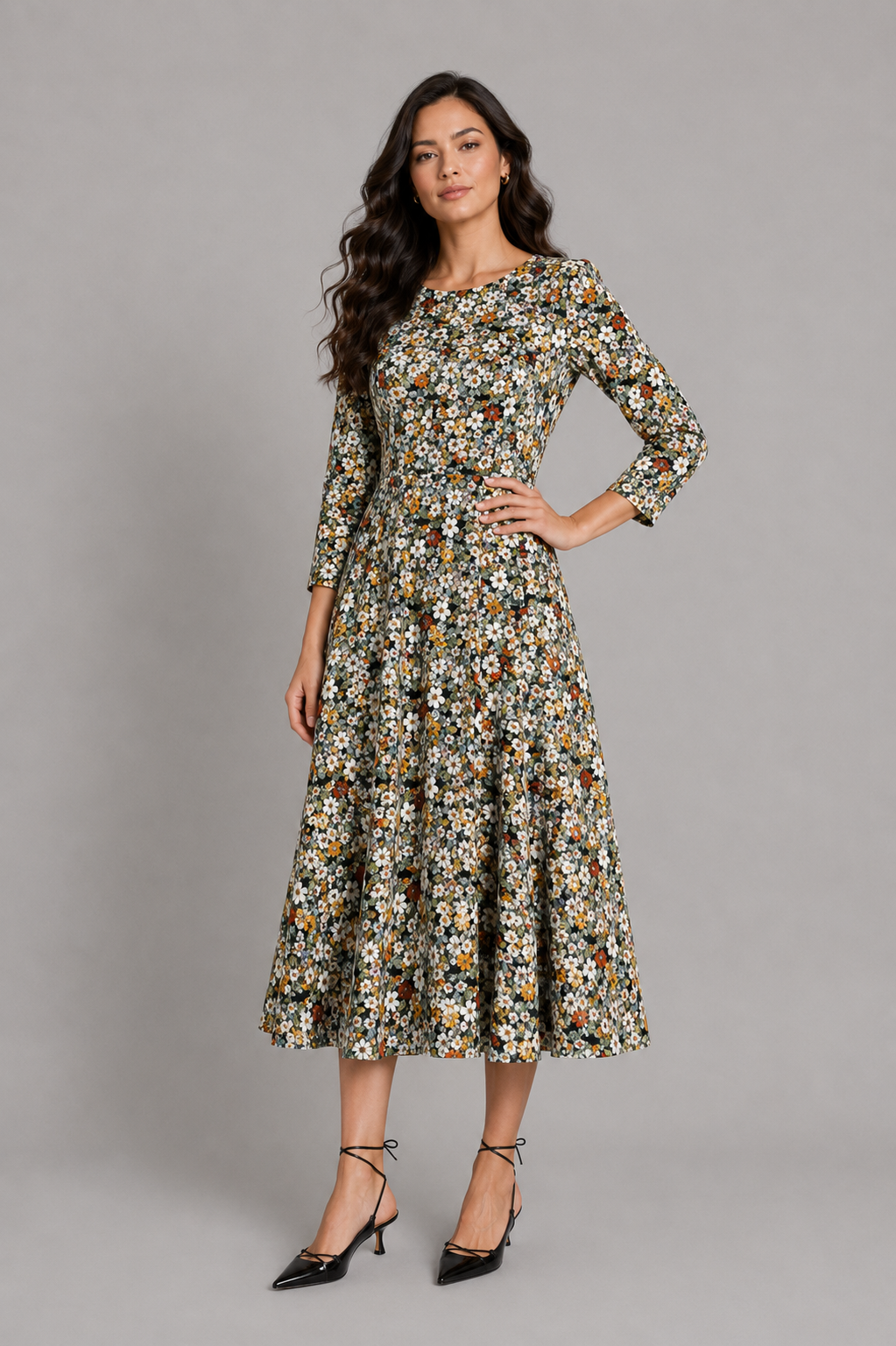 Pine Floral Honey Three- Quarter Sleeve Fit and Flare Midi Dress