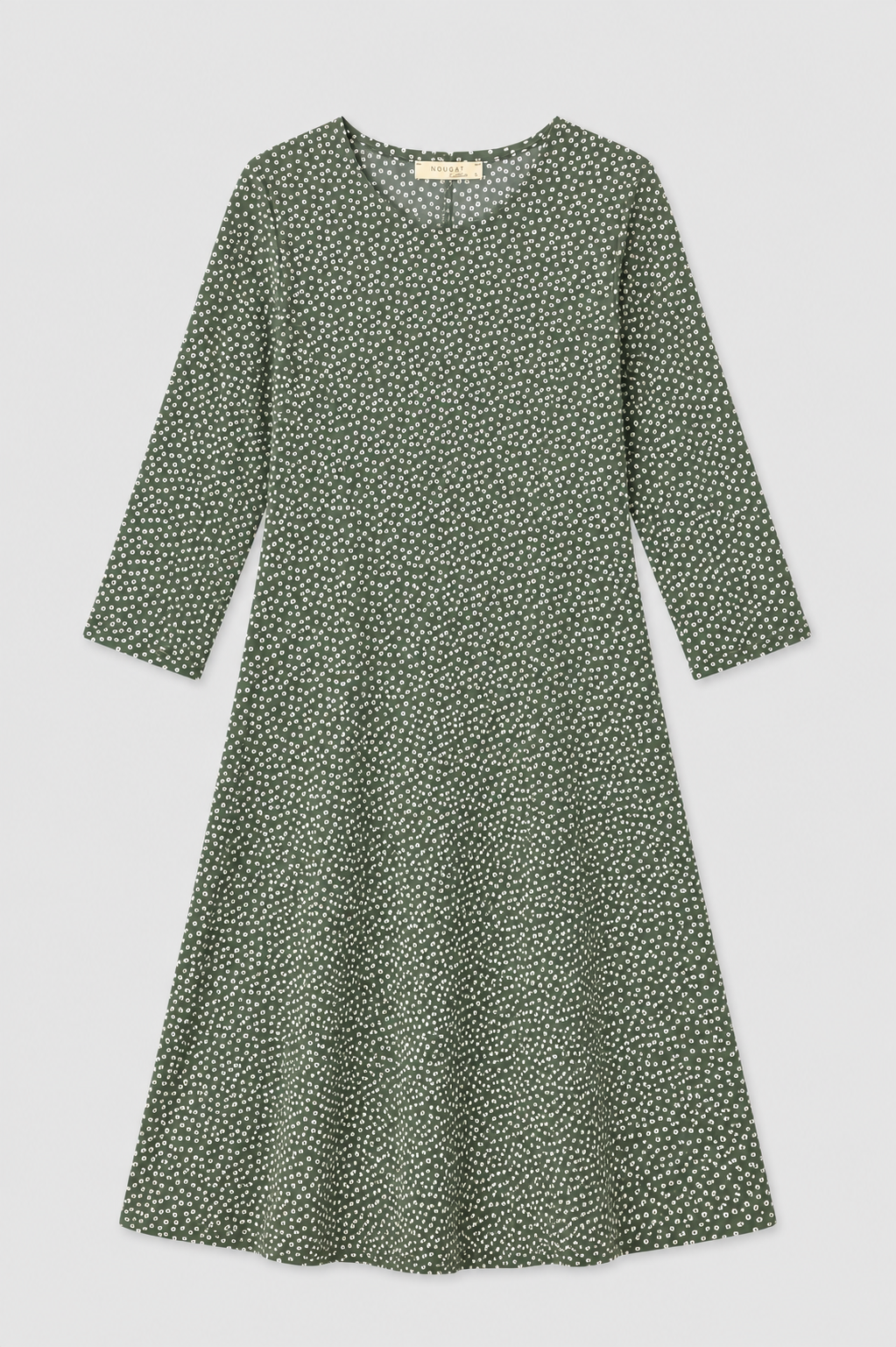 Pine Sally Three- Quarter Sleeve Fit and Flare Midi Dress