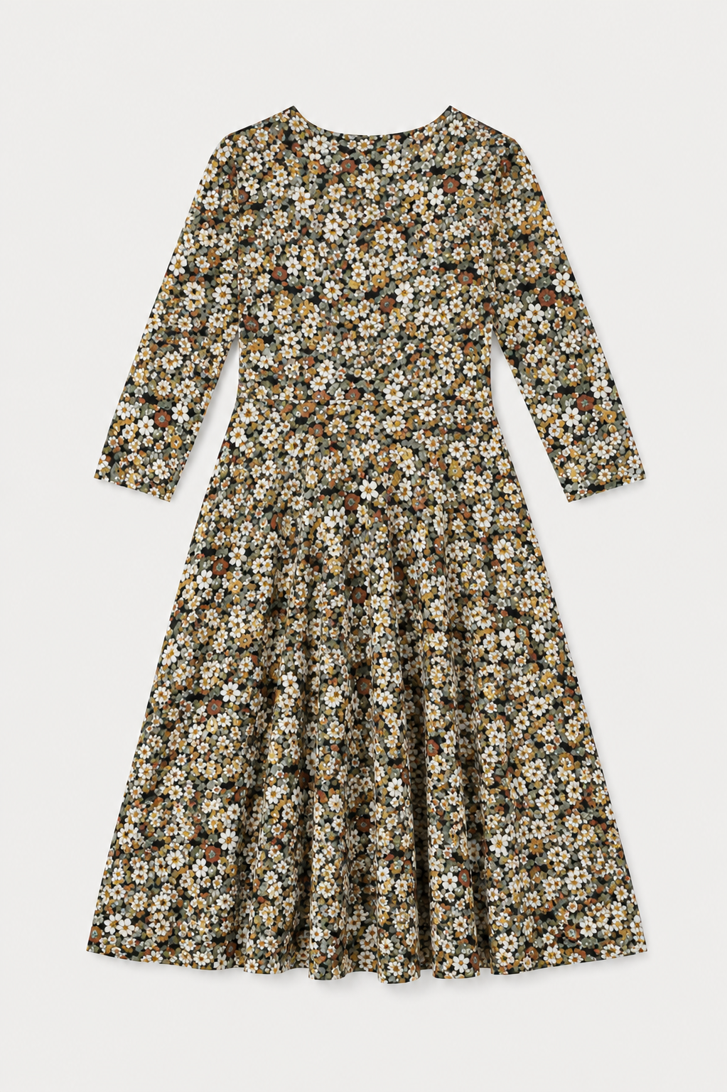 Pine Floral Honey Three- Quarter Sleeve Fit and Flare Midi Dress