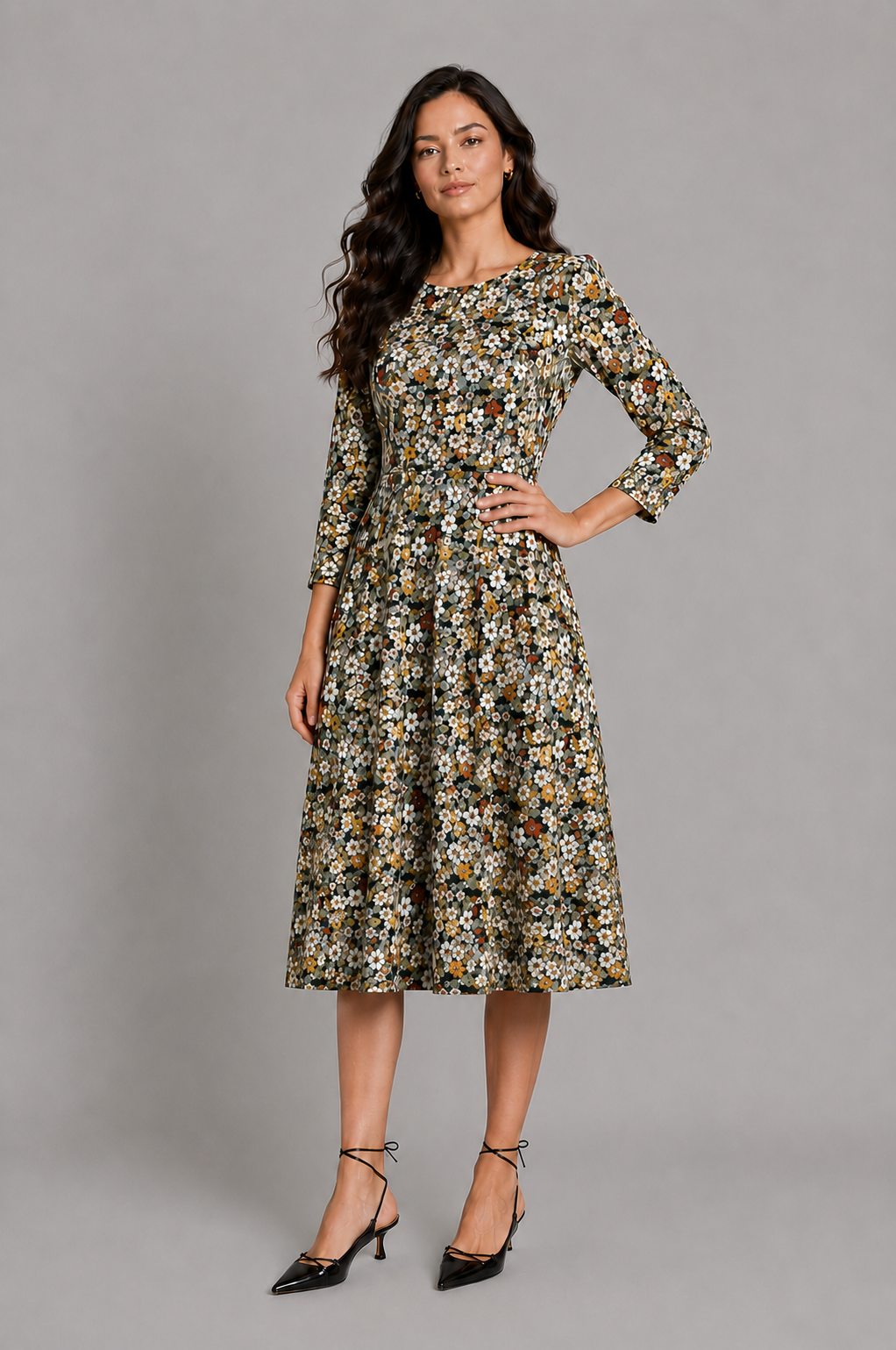 Pine Floral Honey Three- Quarter Sleeve Fit and Flare Midi Dress