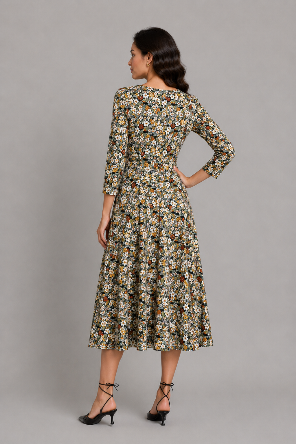 Pine Floral Honey Three- Quarter Sleeve Fit and Flare Midi Dress