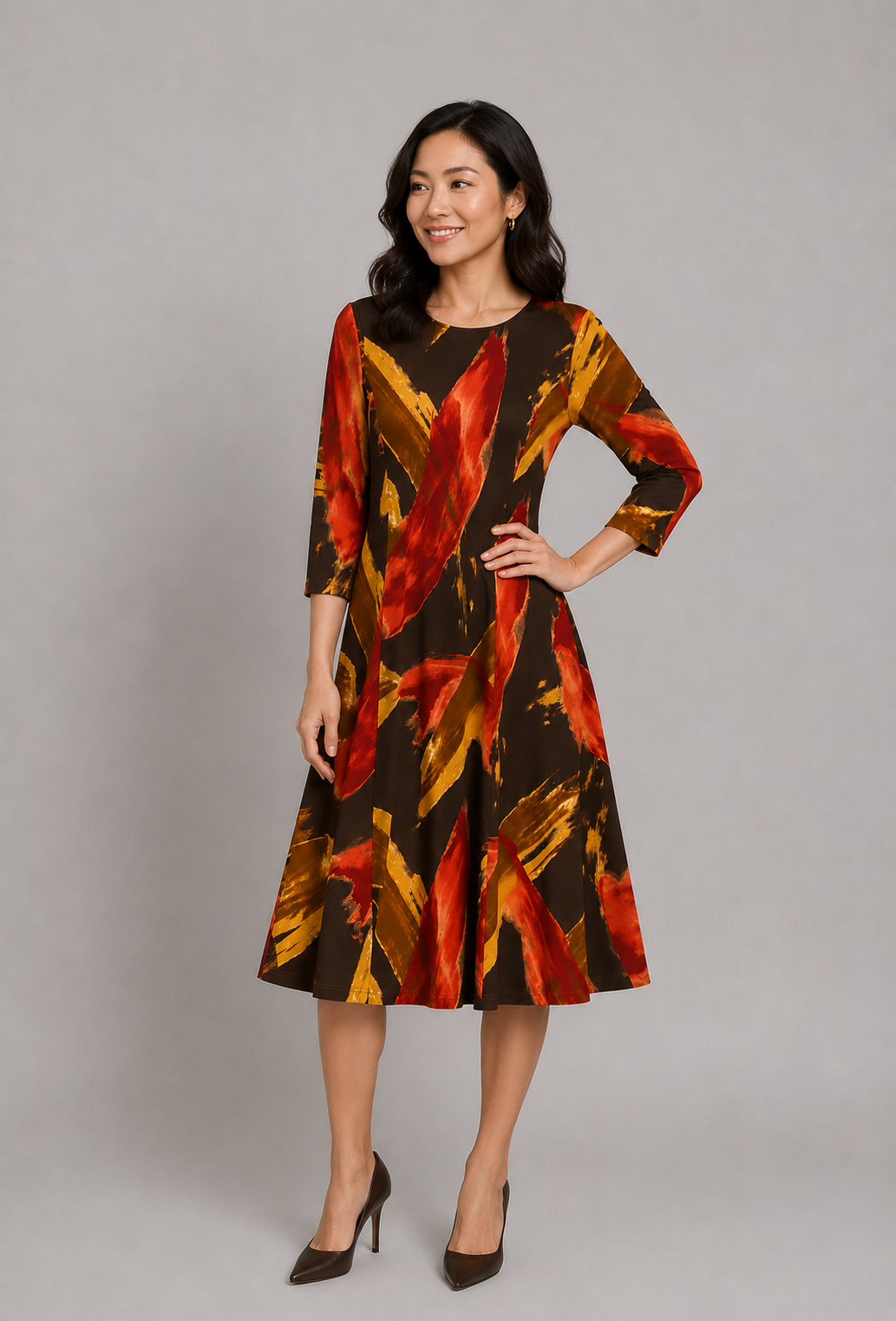 Cocoa Cathy Three- Quarter Sleeve Fit and Flare Midi Dress