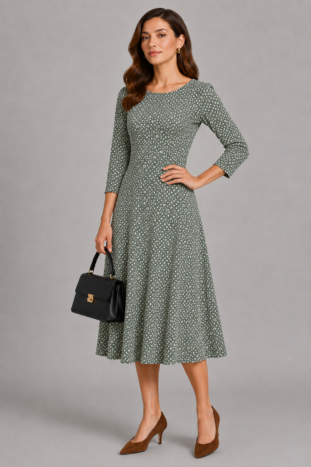 Pine Sally Three- Quarter Sleeve Fit and Flare Midi Dress