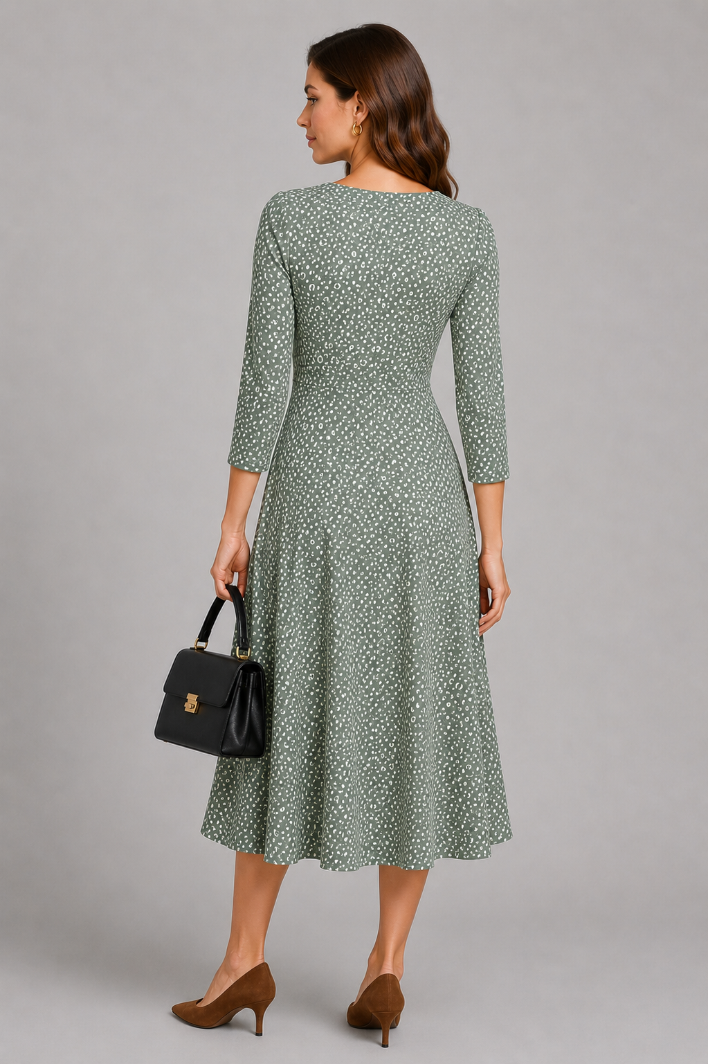Pine Sally Three- Quarter Sleeve Fit and Flare Midi Dress