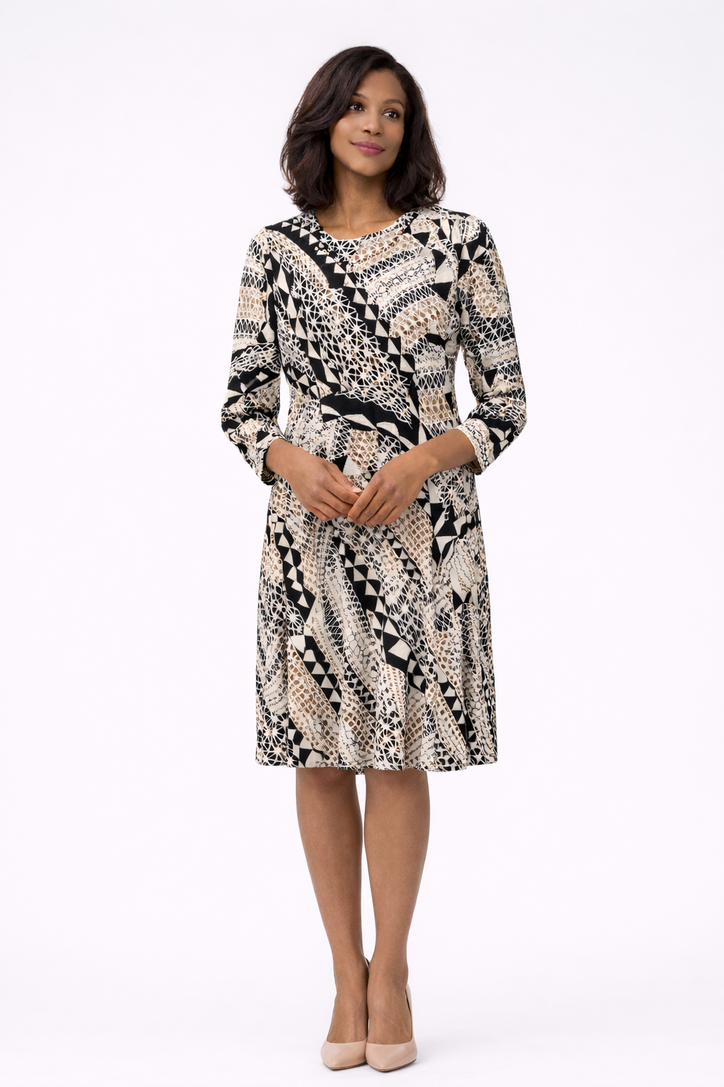 Mocha Print Amber Fit and Flare Dress