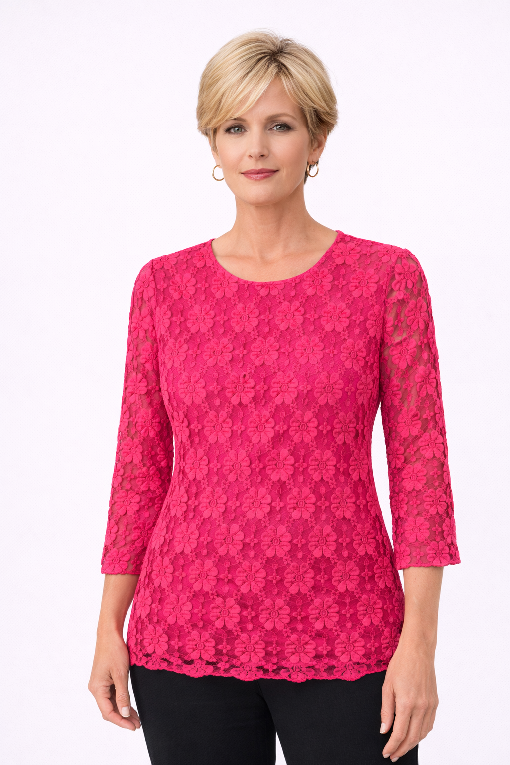 Raspberry Clare Three-Quarter Sleeve Lace Top