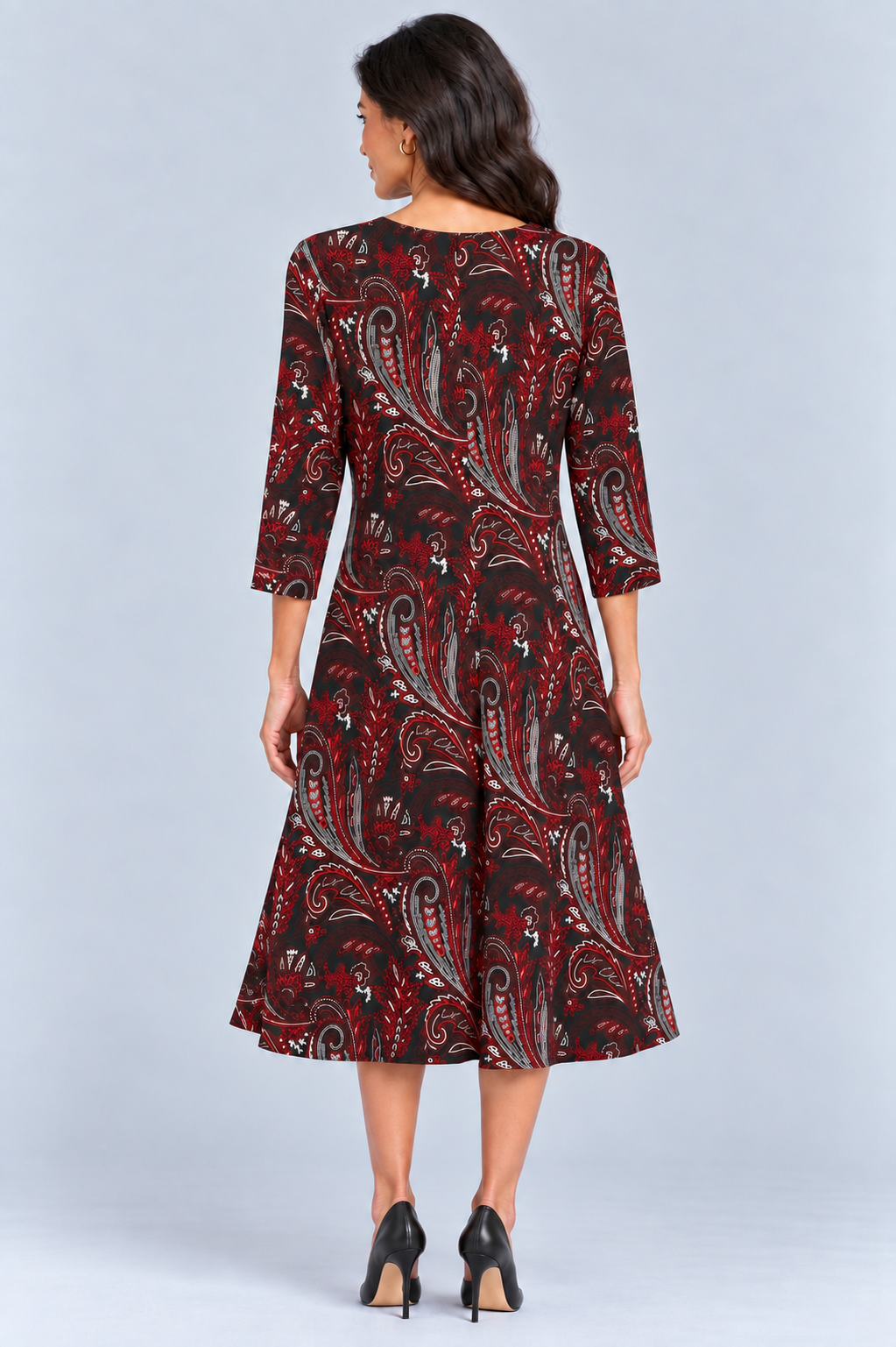 Black Red Orla Three Quarter Sleeve Fit and Flare Midi Dress
