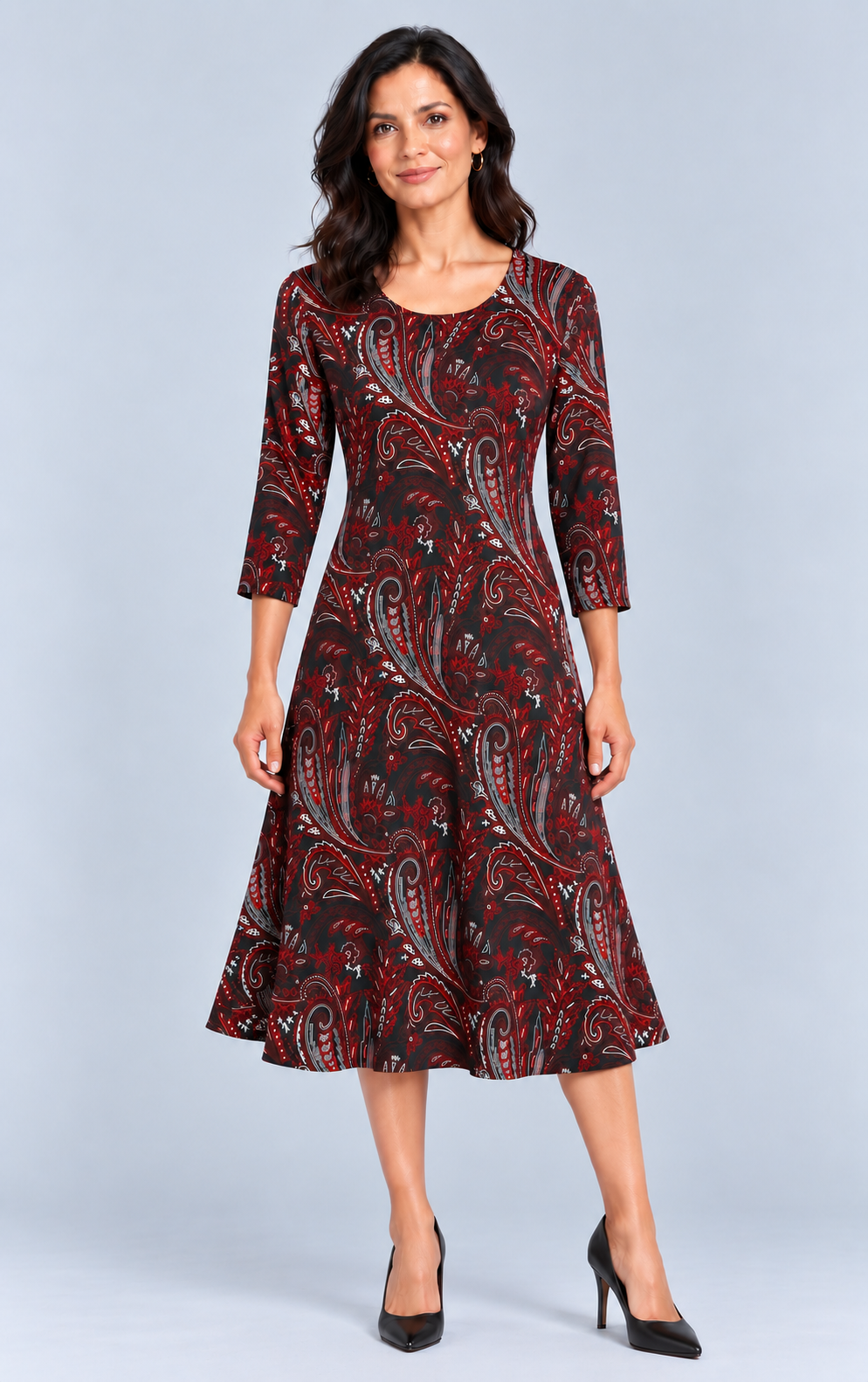 Black Red Orla Three Quarter Sleeve Fit and Flare Midi Dress