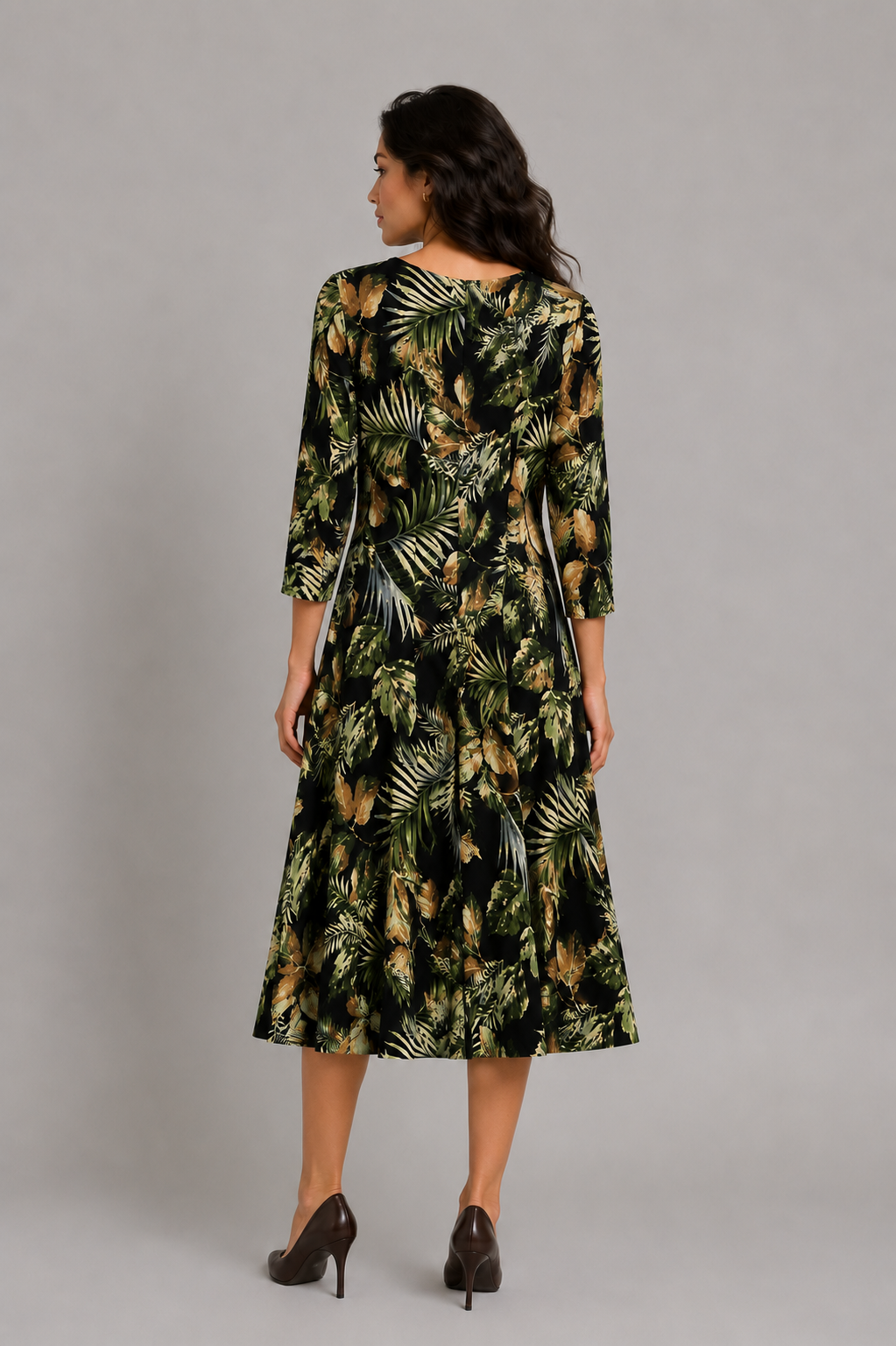 Pine Leaf Leah Three- Quarter Sleeve Fit and Flare Midi Dress