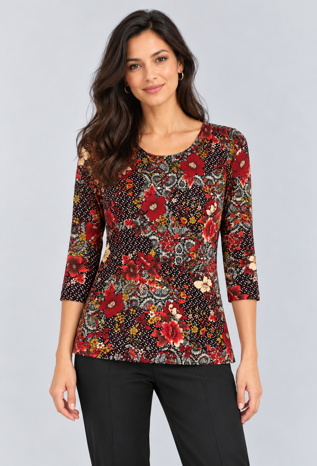 Red Floral Darcy Three- Quarter Sleeve Top