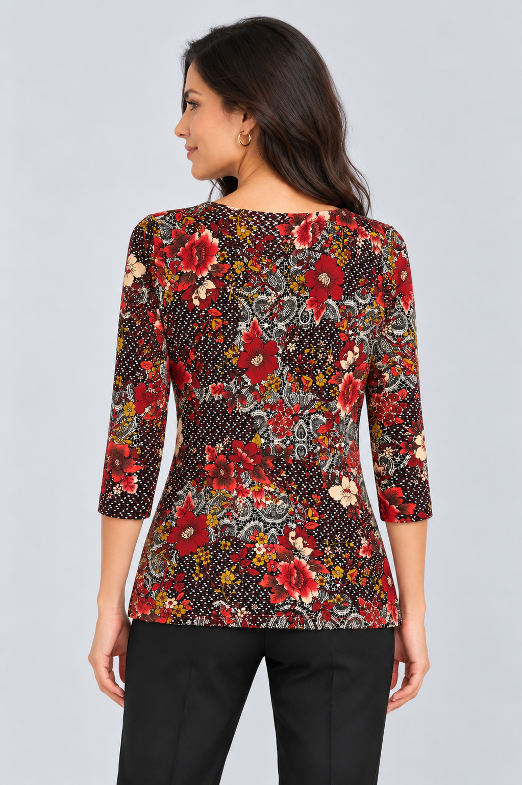 Red Floral Darcy Three- Quarter Sleeve Top